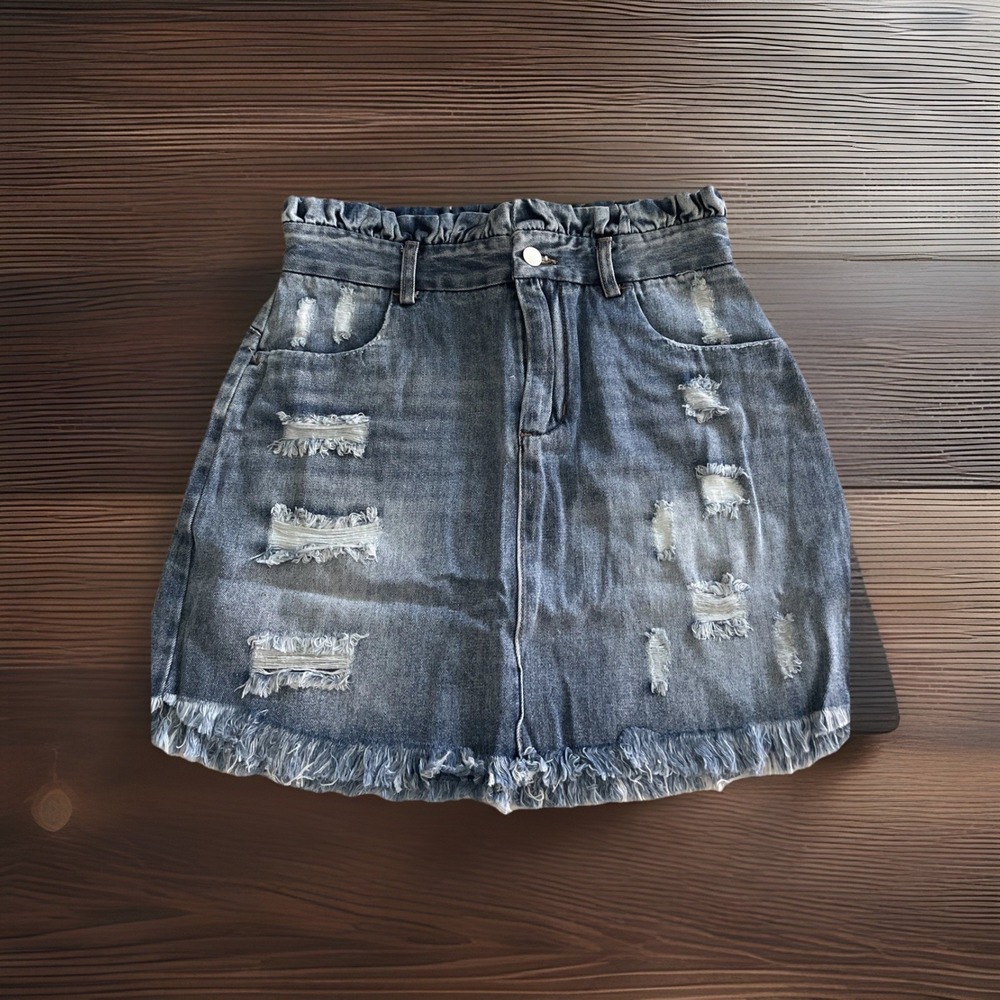 Hayden LA Denim M‎ Jean Skirt Distressed Fray Hem Ruffle Waist Med Wash Boho NWT
